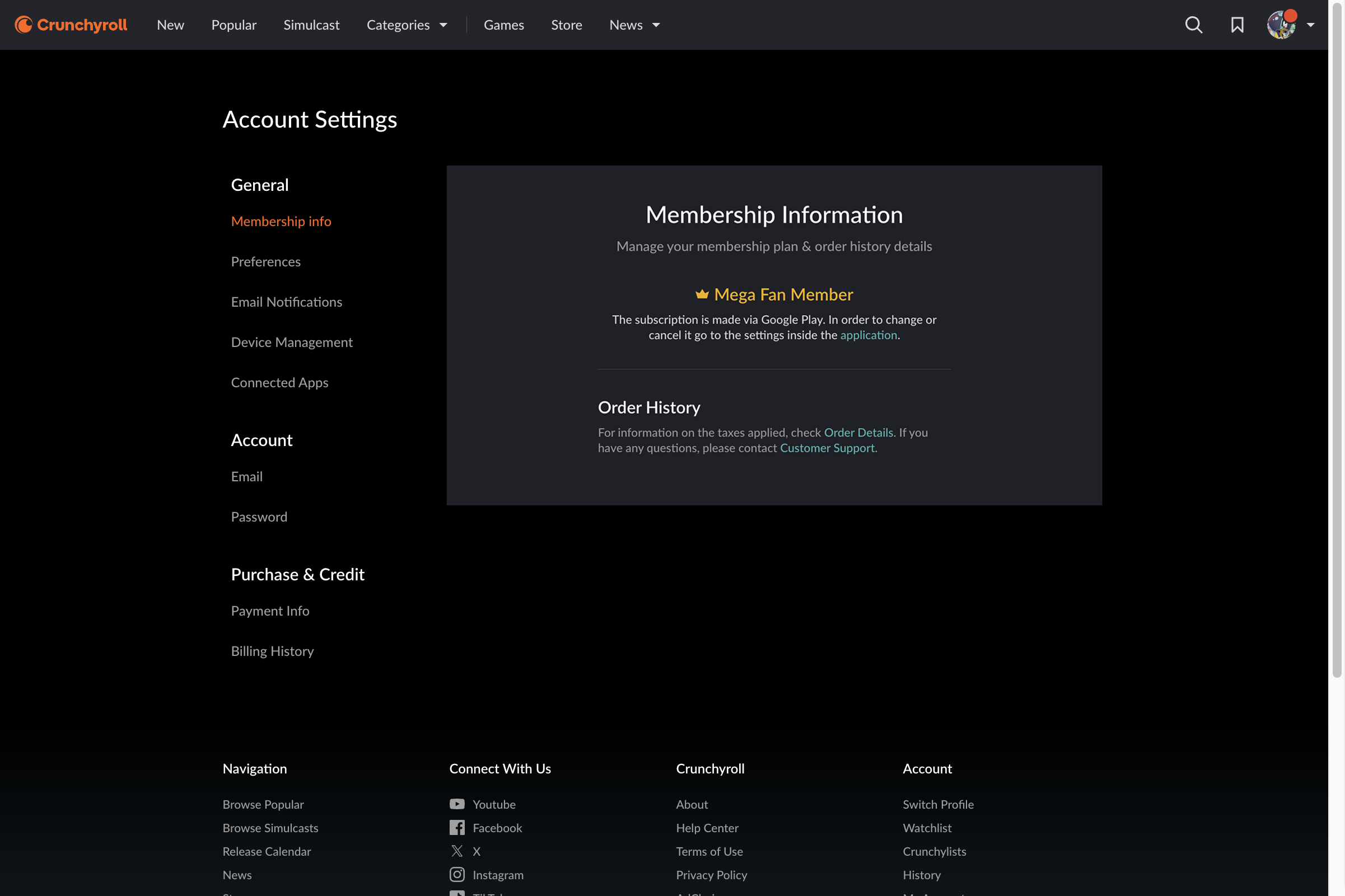 An example of a Membership Info page for users subscribed to Crunchyroll through a payment partner or partner service like Amazon, Google Play, or the Apple App Store.