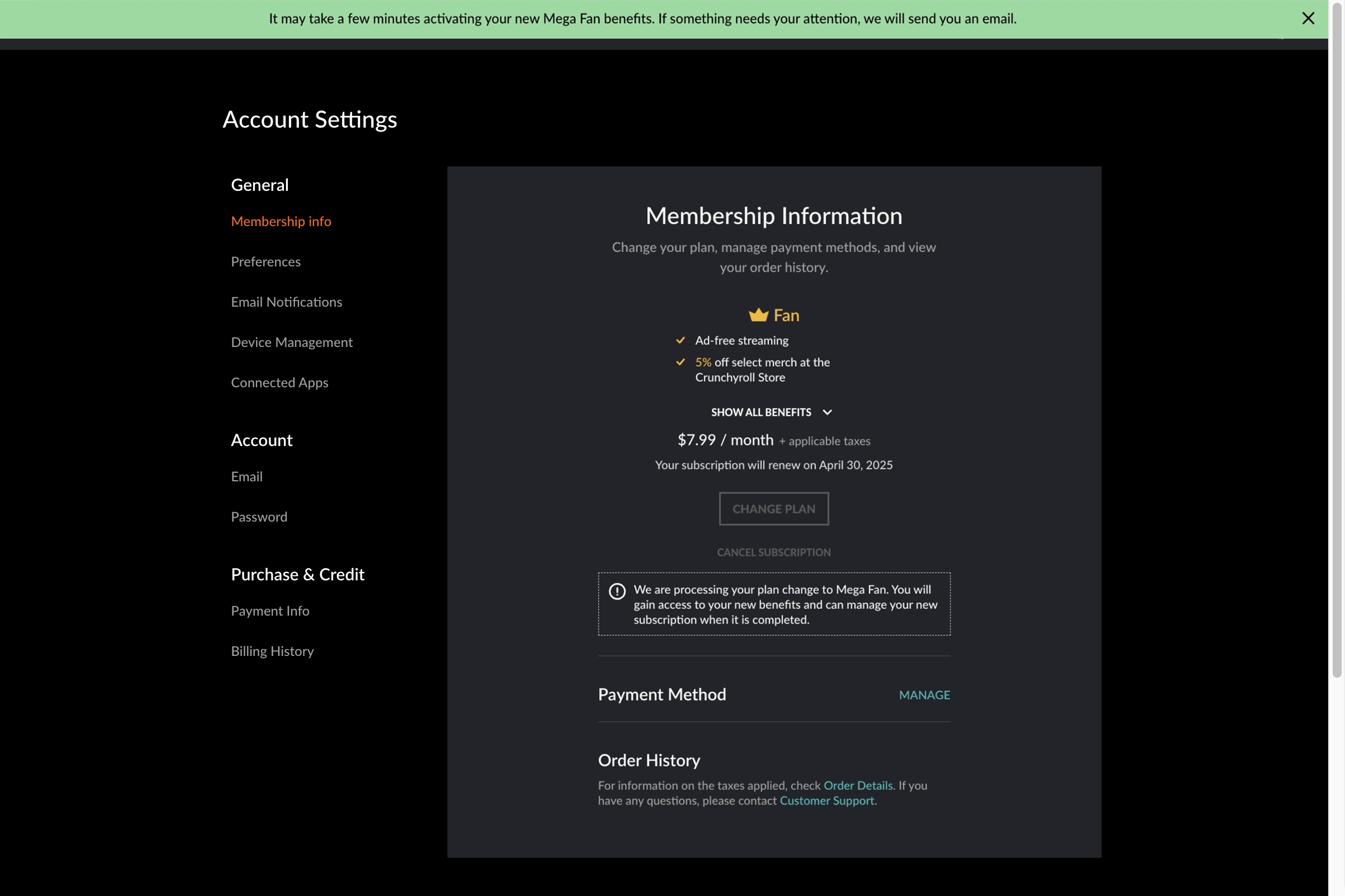 An example of a pending transaction in the Membership Info section of your Crunchyroll account settings. If you have a pending transaction that prevents you from canceling, reach out to Crunchyroll Support for assistance.