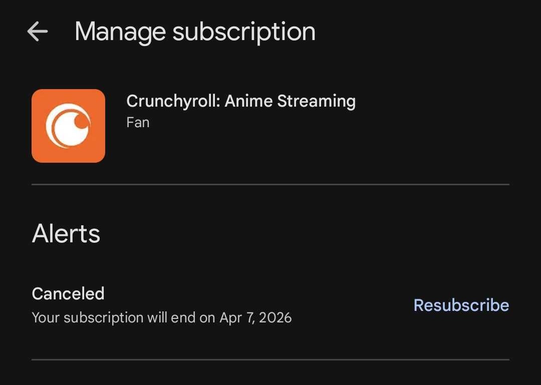 A mobile screenshot of the Resubscribe option for Google Play subscribers.